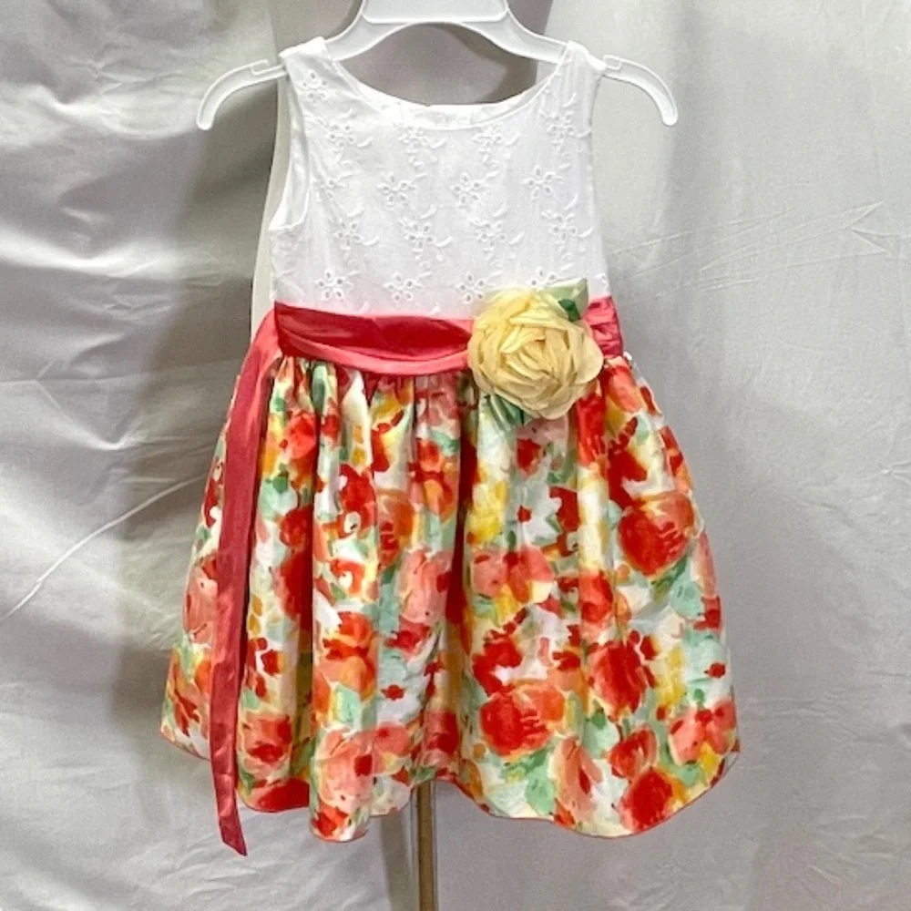 Youngland White Eyelet Pink Red Yellow Floral Girls‎ Dress Size 5